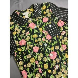 f.l. malik 90s Floral Mixed Print Rayon Button Up Blouse Black Pink USA M Vtg
